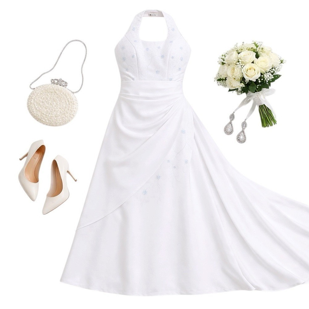 Aurora DParadiso Wedding Dress Size 16 White Halter Bridal Gown Train EUC Chic